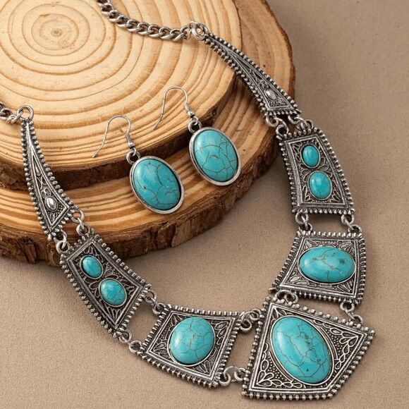 Western Boho Turquoise Silver Necklace and Earring Set - Picture 3 of 5